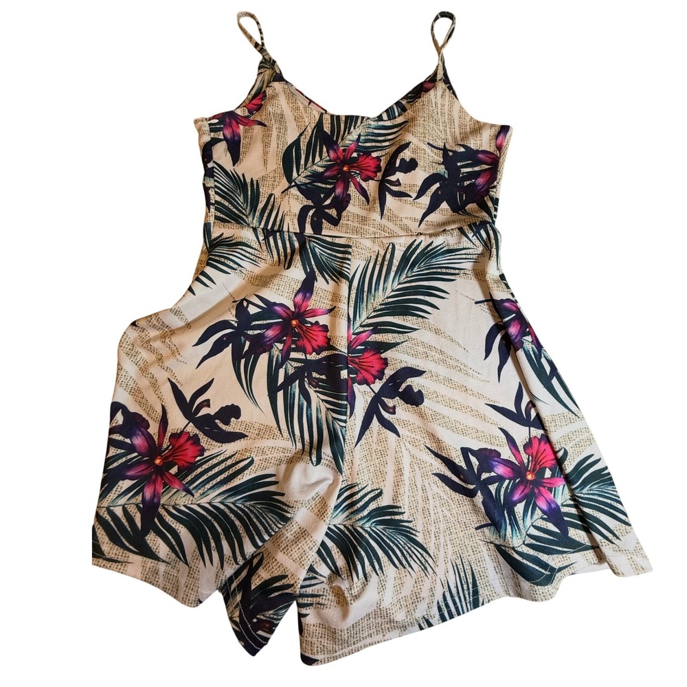 Tropical Floral V-Neck Romper Sleeveless Spaghetti Strap Tan Pink Green